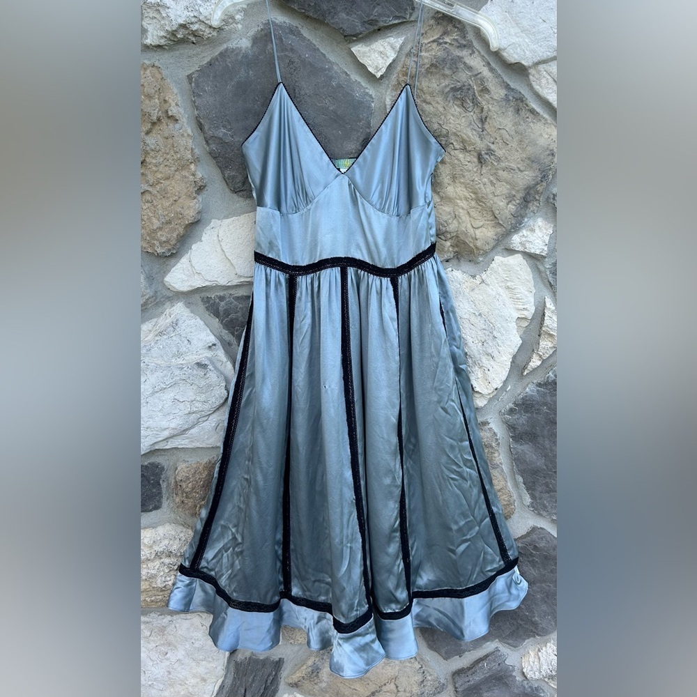 Anthropologie Silver-Blue Midi Dress with Black Trim